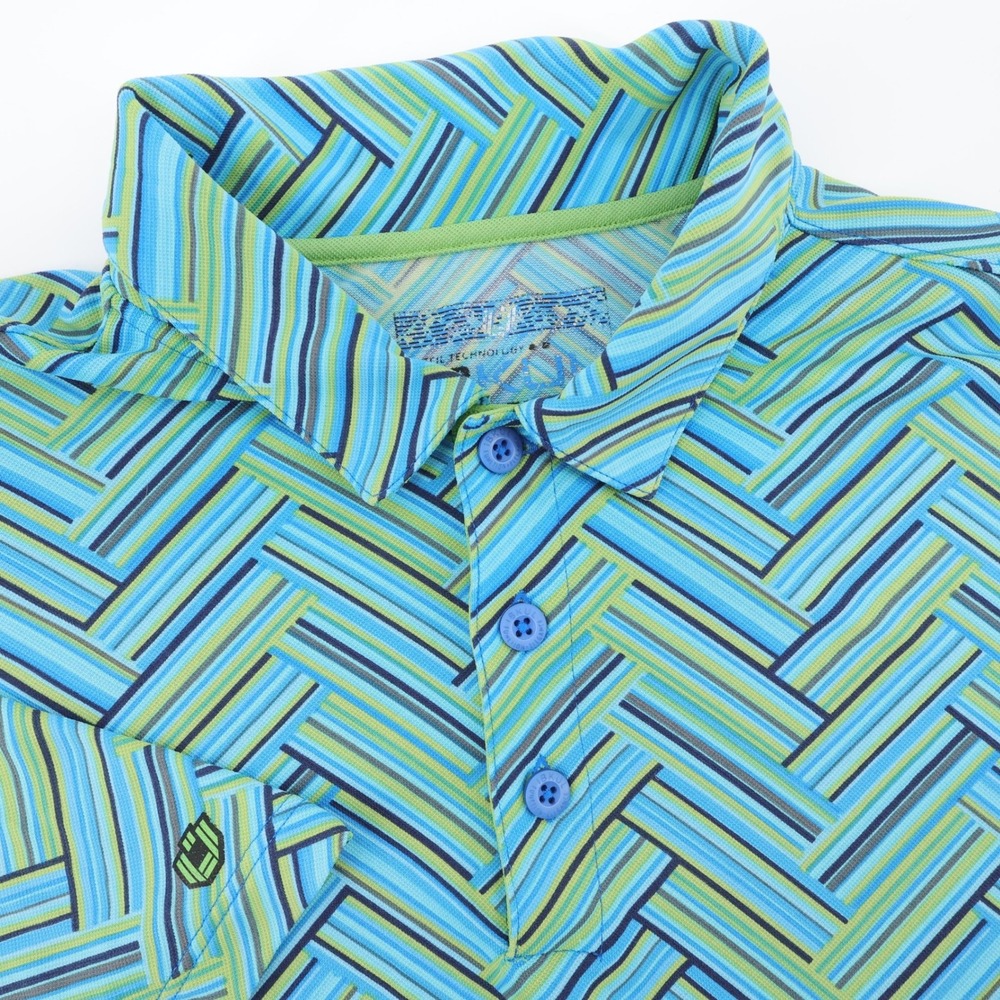 IBKUL IceFil Geometric Herringbone Polo Shirt Blue Green Short Sleeve Mens L